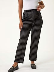 Roman Black Petite Stripe Print Stretch Trousers - Image 4 of 5