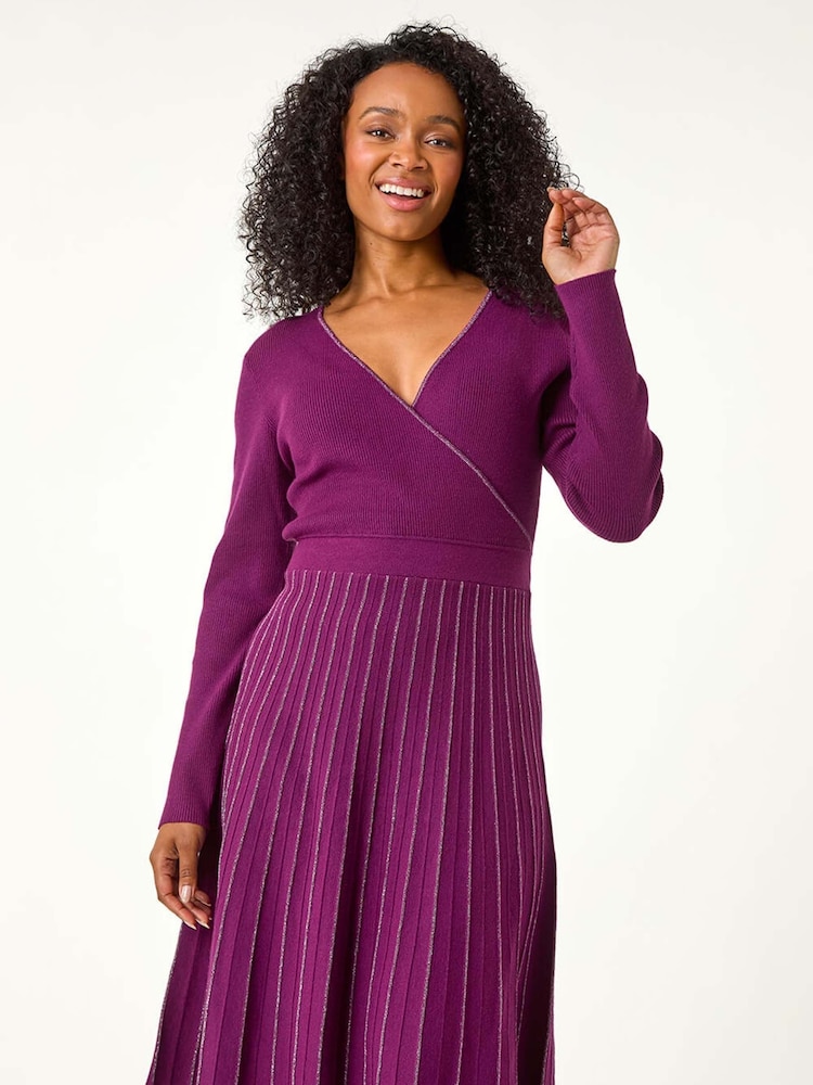 Roman Purple Petite Metallic Pleat Knitted Dress - Image 3 of 5