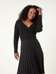 Roman Black Petite Metallic Pleat Knitted Dress - Image 1 of 5