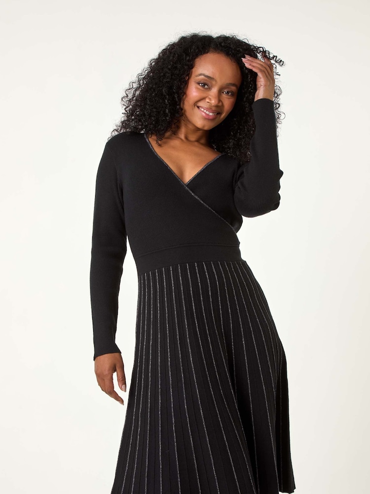 Roman Black Petite Metallic Pleat Knitted Dress - Image 1 of 5