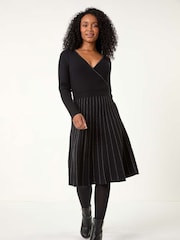 Roman Black Petite Metallic Pleat Knitted Dress - Image 2 of 5