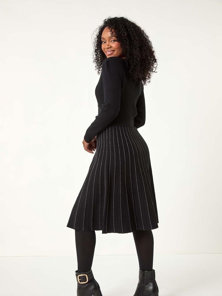 Roman Black Petite Metallic Pleat Knitted Dress - Image 3 of 5