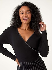 Roman Black Petite Metallic Pleat Knitted Dress - Image 4 of 5