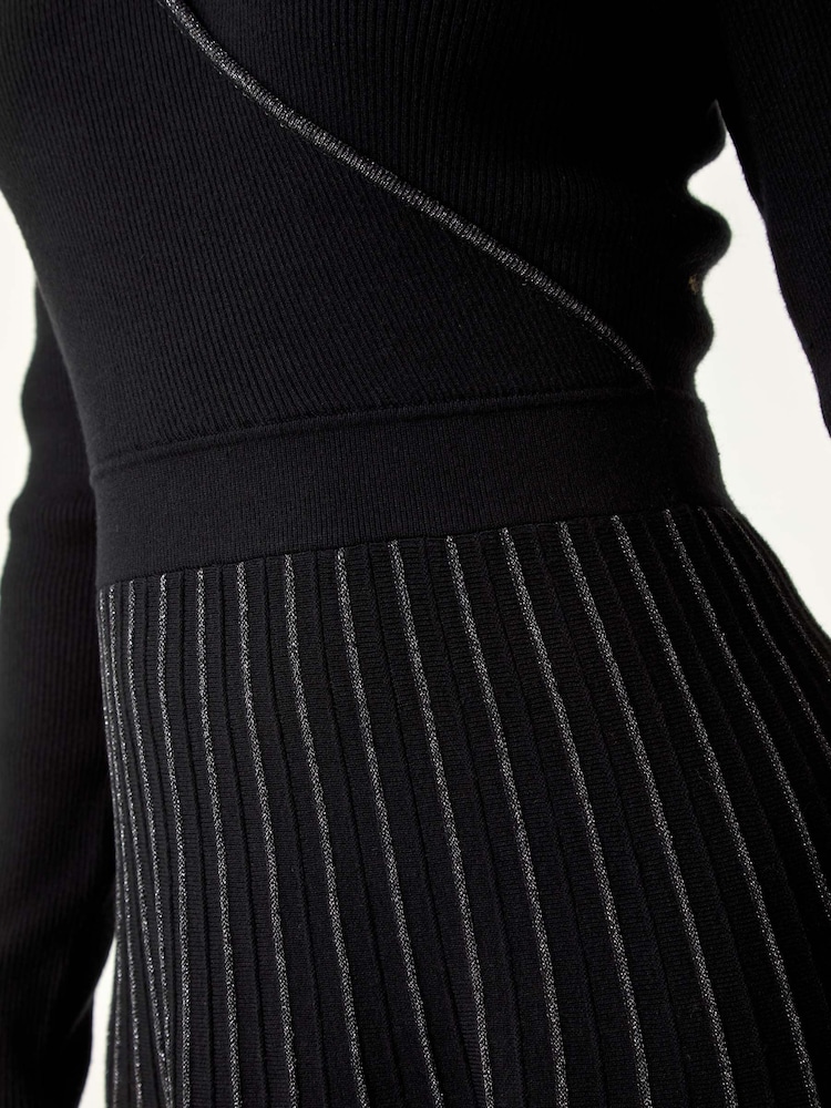 Roman Black Petite Metallic Pleat Knitted Dress - Image 5 of 5