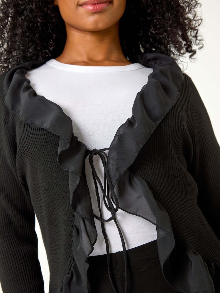 Roman Black Petite Frill Contrast Tie Cardigan - Image 5 of 5