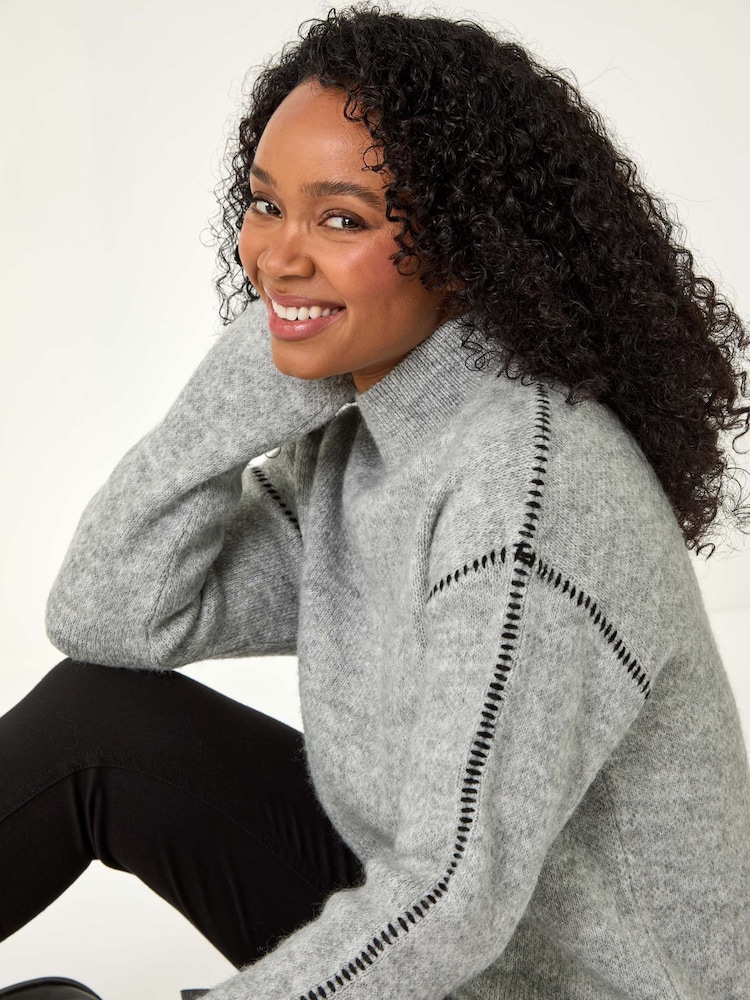 Roman Grey Petite Contrast Stitch Jersey Jumper - Image 1 of 5