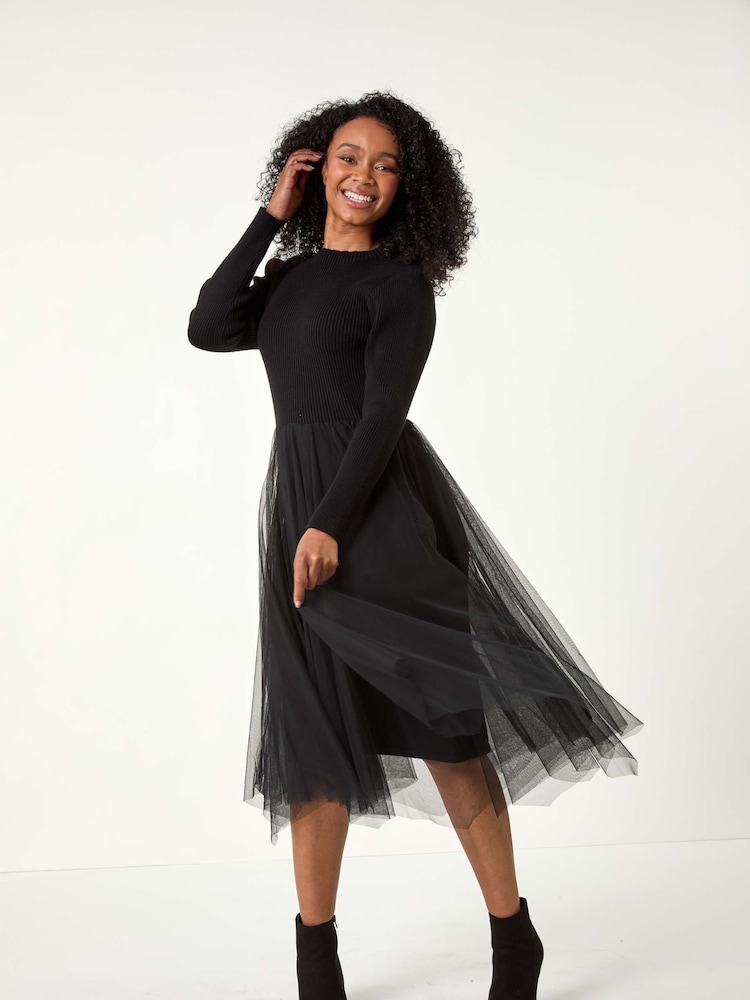 Roman Black Petite Contrast Knit Mesh Dress - Image 1 of 5 Roman Black Petite Contrast Knit Mesh Dress - Image 1 of 5