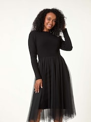 Roman Black Petite Contrast Knit Mesh Dress - Image 2 of 5
