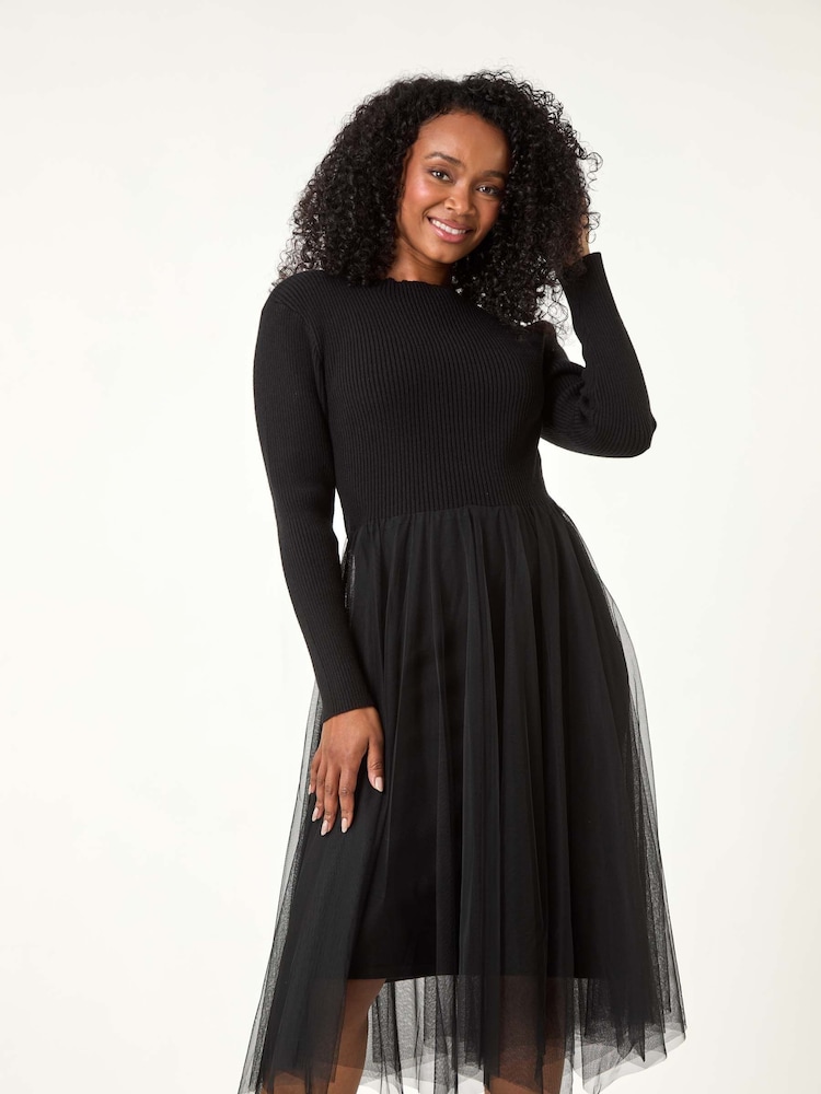 Roman Black Petite Contrast Knit Mesh Dress - Image 2 of 5 Roman Black Petite Contrast Knit Mesh Dress - Image 2 of 5