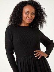 Roman Black Petite Contrast Knit Mesh Dress - Image 4 of 5