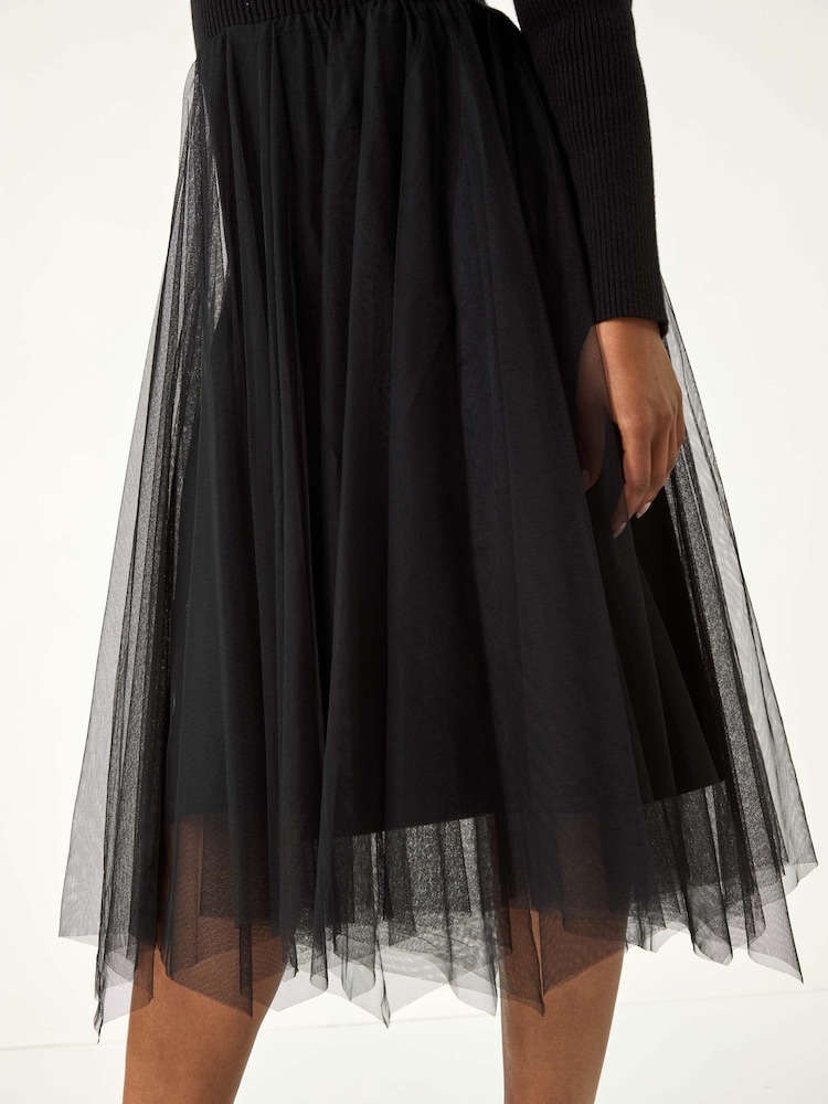Roman Black Petite Contrast Knit Mesh Dress - Image 5 of 5