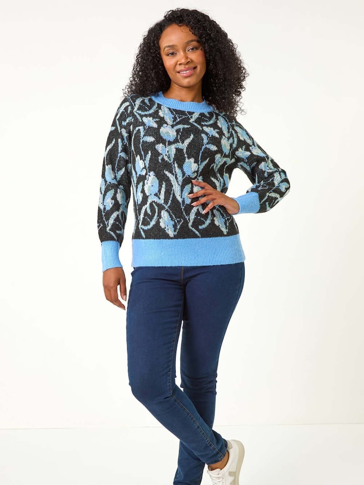 Roman Blue Petite Floral Jacquard Knit Jumper - Image 2 of 5