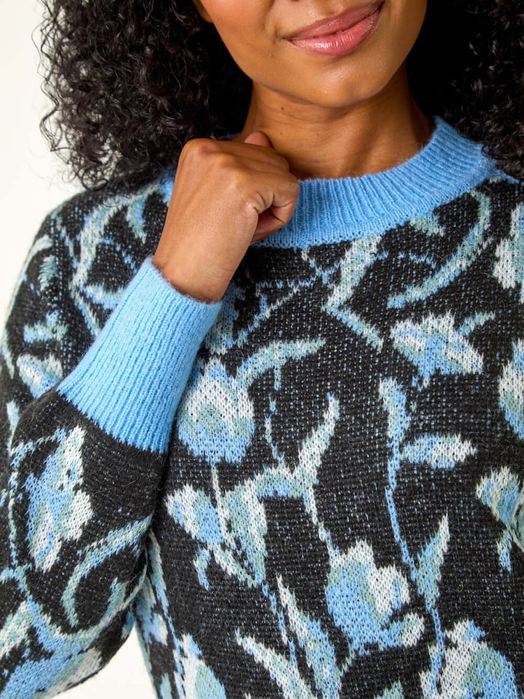 Roman Blue Petite Floral Jacquard Knit Jumper - Image 5 of 5