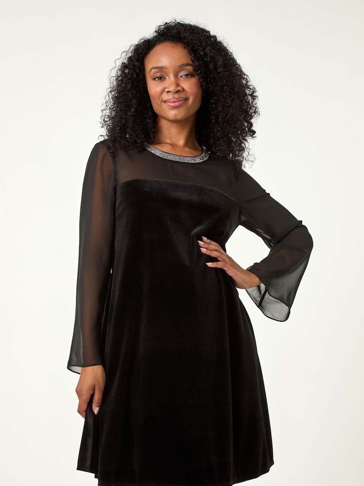 Roman Black Petite Neck Trim Velvet Dress - Image 1 of 5