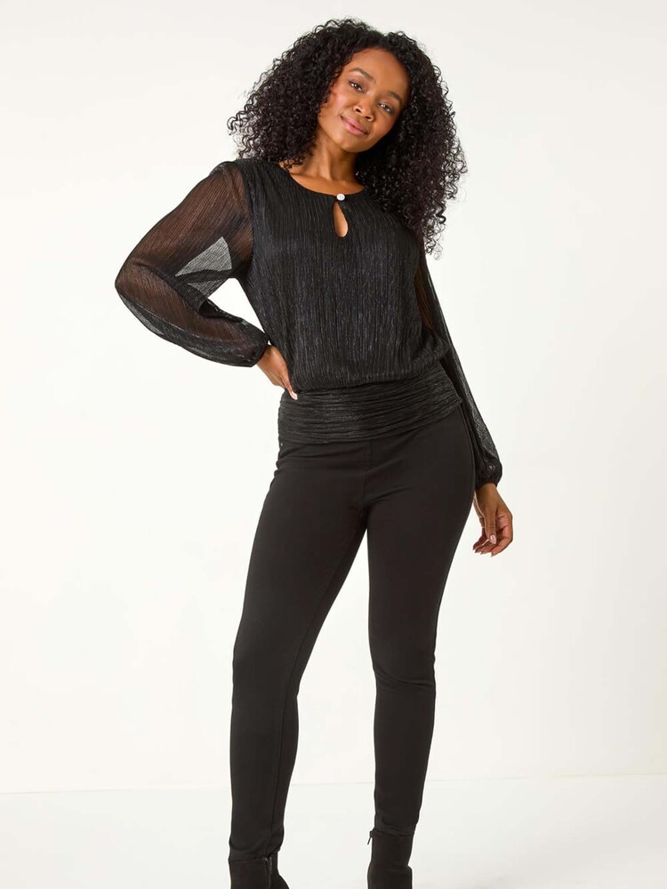 Roman Black Petite Crinkle Keyhole Shimmer Top - Image 2 of 5 Roman Black Petite Crinkle Keyhole Shimmer Top - Image 2 of 5