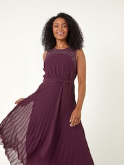 Roman Purple Petite Hotfix Pleated Midi Dress - Image 1 of 6
