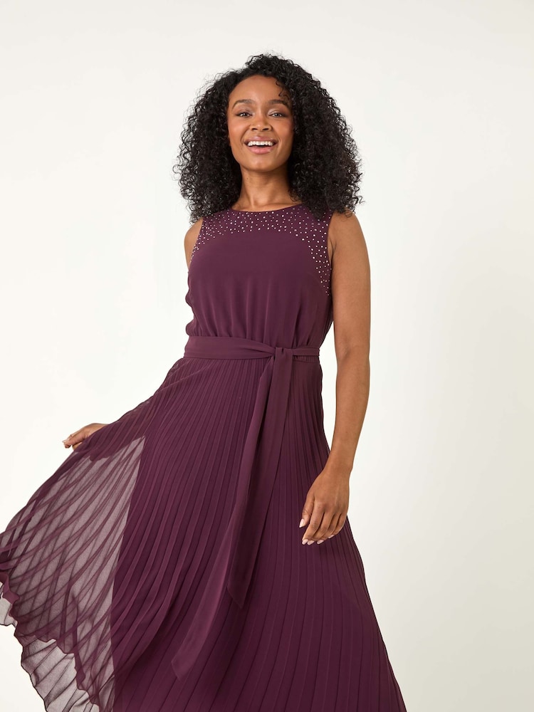 Roman Purple Petite Hotfix Pleated Midi Dress - Image 1 of 6 Roman Purple Petite Hotfix Pleated Midi Dress - Image 1 of 6