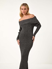 Vestido midi de punto con efecto metalizado y escote bardot Petite de Roman - Imagen 5 de 6
