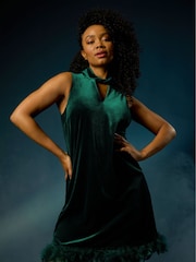 Roman Green Petite Velvet Feather Hem Dress - Image 1 of 4