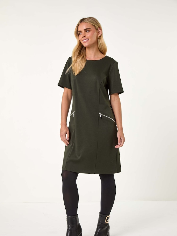 Roman Green Petite Zip Detail Pocket Shift Dress - Image 2 of 5