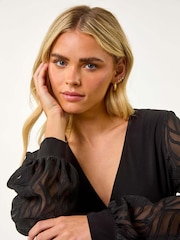 Roman Black Petite Jacquard Contrast V-Neck Wrap Top - Image 1 of 6