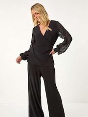 Roman Black Petite Jacquard Contrast V-Neck Wrap Top - Image 3 of 6