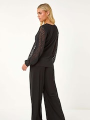 Roman Black Petite Jacquard Contrast V-Neck Wrap Top - Image 4 of 6