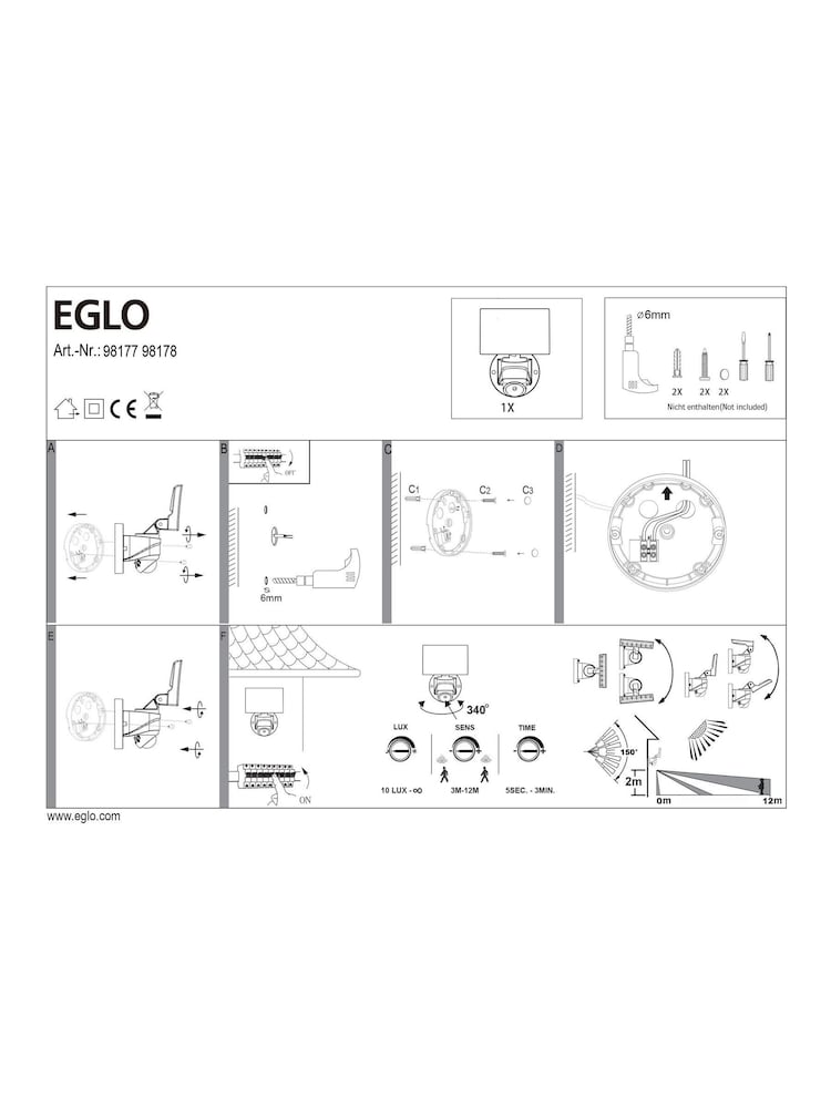Eglo Black Pagino LED Plastic Outdoor Wall Spotlight With Sensor - Image 5 of 5