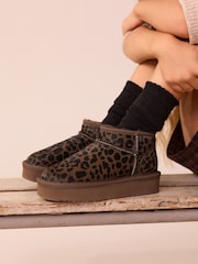 Chocolate Brown Leopard Print Standard Fit (F) Flatform Mini Warm Lined Water Repellent Suede Pull-On Boots - Image 1 of 7
