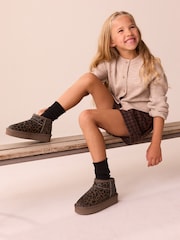 Chocolate Brown Leopard Print Standard Fit (F) Flatform Mini Warm Lined Water Repellent Suede Pull-On Boots - Image 2 of 7