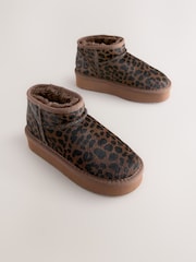 Chocolate Brown Leopard Print Standard Fit (F) Flatform Mini Warm Lined Water Repellent Suede Pull-On Boots - Image 3 of 7