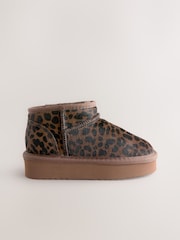 Chocolate Brown Leopard Print Standard Fit (F) Flatform Mini Warm Lined Water Repellent Suede Pull-On Boots - Image 4 of 7
