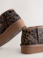 Chocolate Brown Leopard Print Standard Fit (F) Flatform Mini Warm Lined Water Repellent Suede Pull-On Boots - Image 5 of 7