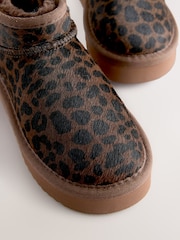 Chocolate Brown Leopard Print Standard Fit (F) Flatform Mini Warm Lined Water Repellent Suede Pull-On Boots - Image 6 of 7