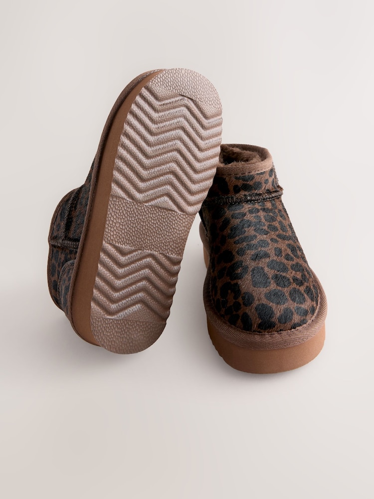 Chocolate Brown Leopard Print Standard Fit (F) Flatform Mini Warm Lined Water Repellent Suede Pull-On Boots - Image 7 of 7