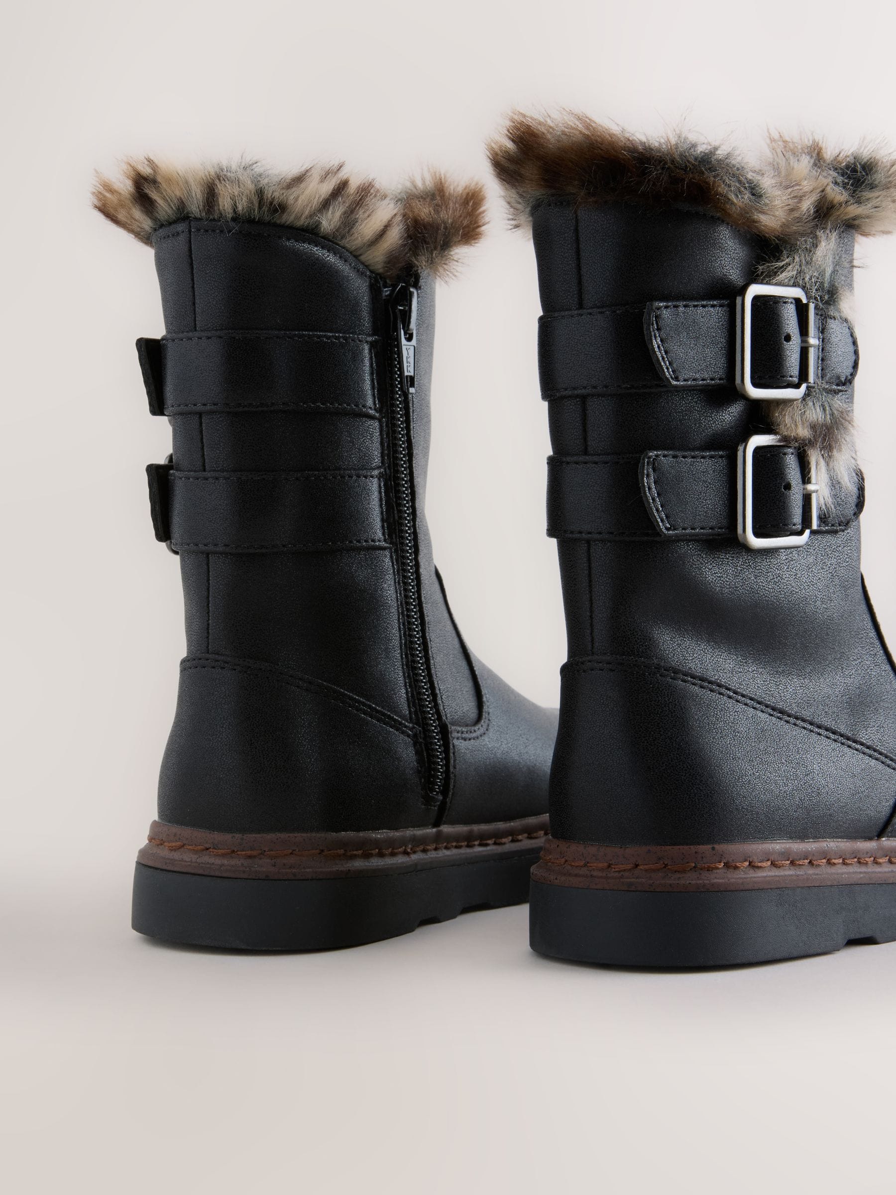 Buy Black Standard Fit (F) Faux Fur Lined Buckle Boots from Next
