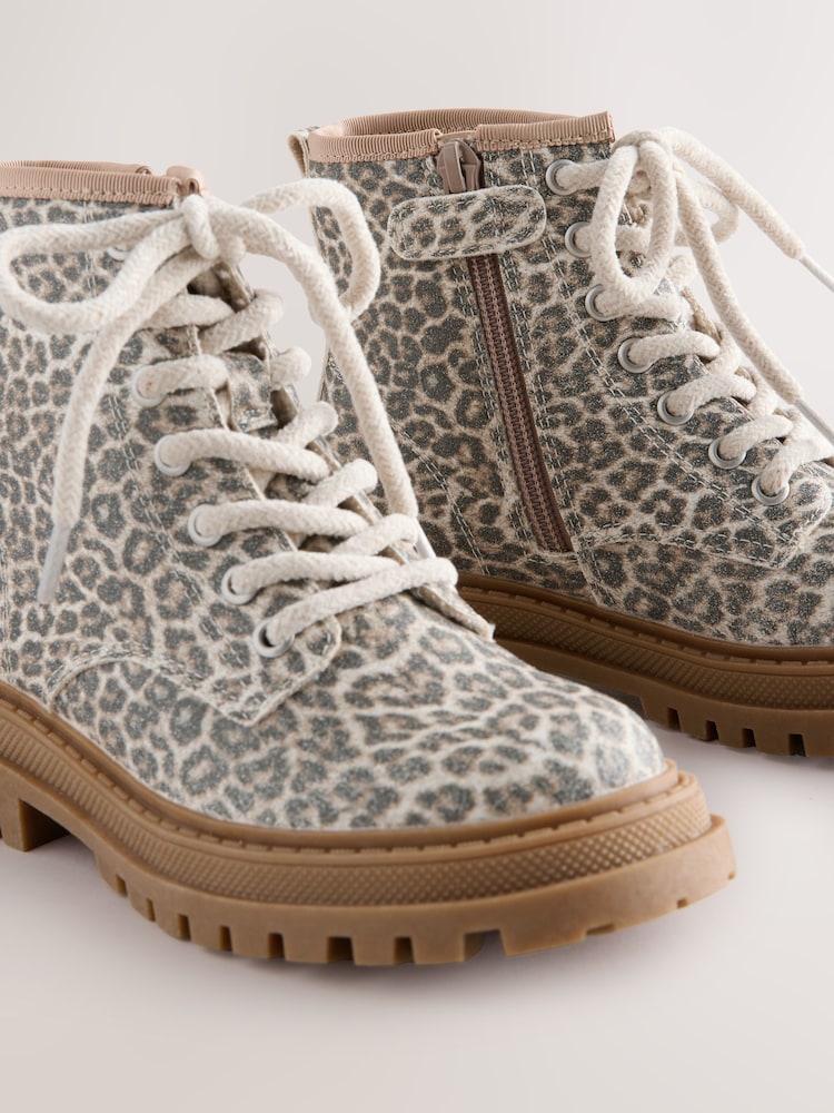 Muted Animal Printed Standard Fit (F) Warm Lined Lace-Up Ankle Boots - Image 5 of 5