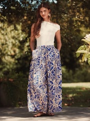 Blue/White Print Palazzo Trousers - Image 3 of 8