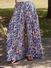 Blue/White Print Palazzo Trousers - Image 4 of 8