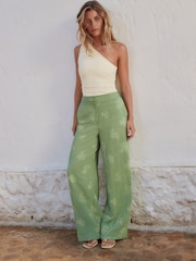 Green - Wide Leg Embossed Trousers - Image 1 of 7