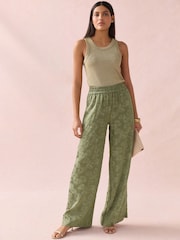 Khaki Green Satin Jacquard Wide Leg Trousers - Image 2 of 10