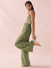Khaki Green Satin Jacquard Wide Leg Trousers - Image 3 of 10