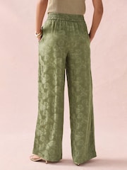 Khaki Green Satin Jacquard Wide Leg Trousers - Image 6 of 10