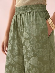 Khaki Green Satin Jacquard Wide Leg Trousers - Image 7 of 10