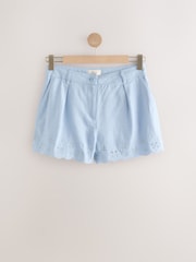 Light Blue Scalloped Hem Embroidered Linen Rich Shorts - Image 5 of 7