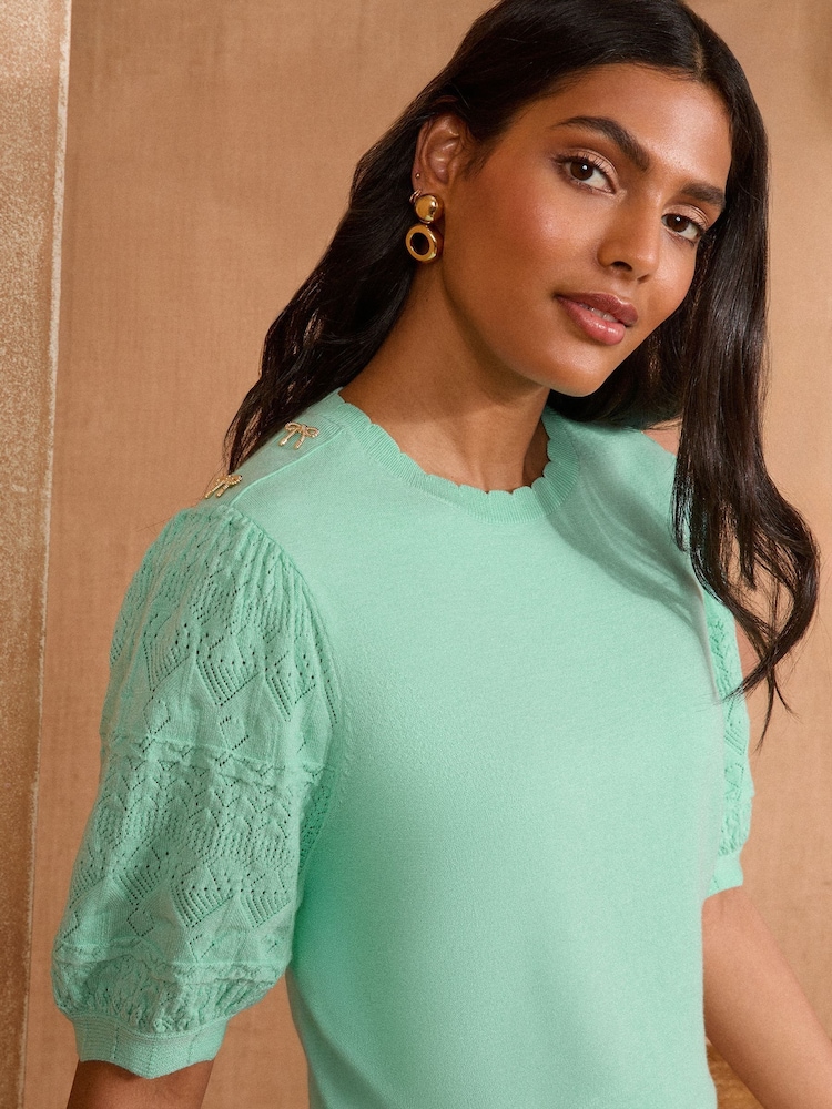 Love & Roses Green Scallop Bow Embroidered Top - Image 1 of 5