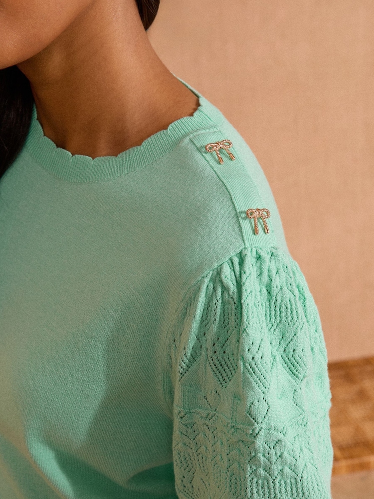 Love & Roses Green Scallop Bow Embroidered Top - Image 5 of 5