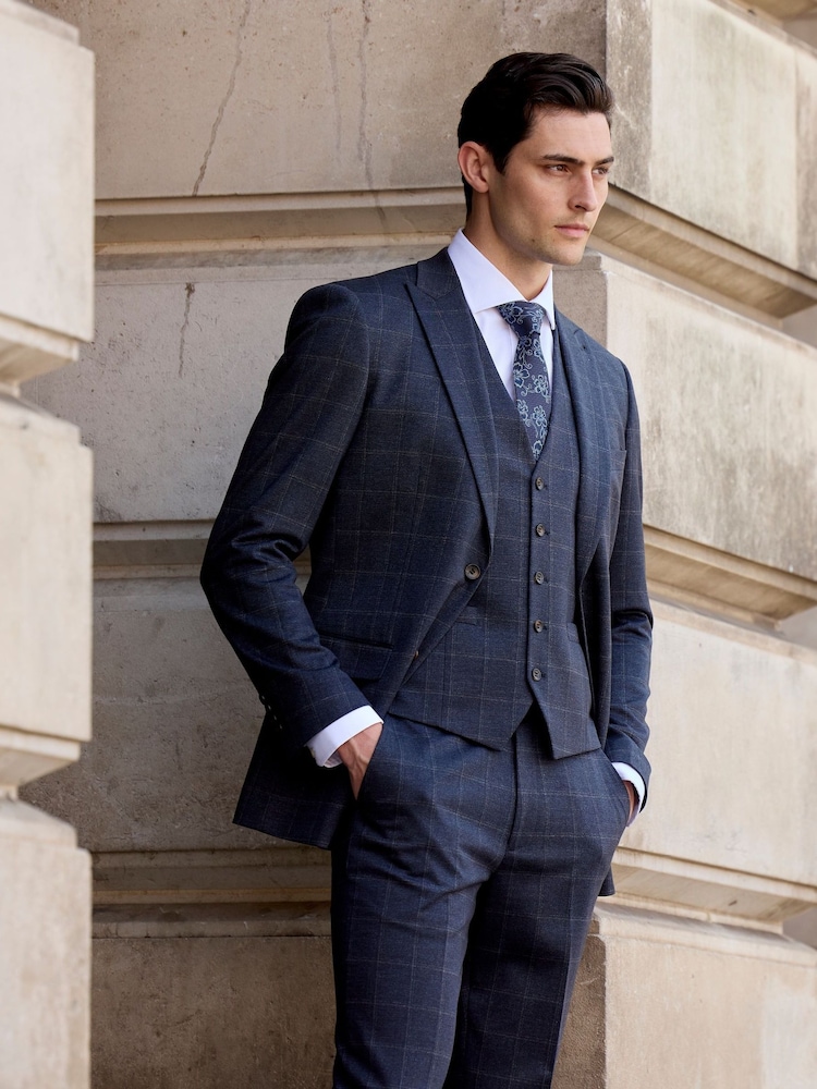 Skopes Blue Tailored Fit Thoresby Ultimate Comfort Check Suit Trousers - Image 2 of 6