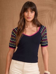 Love & Roses Navy Scallop Knitted top - Image 1 of 1