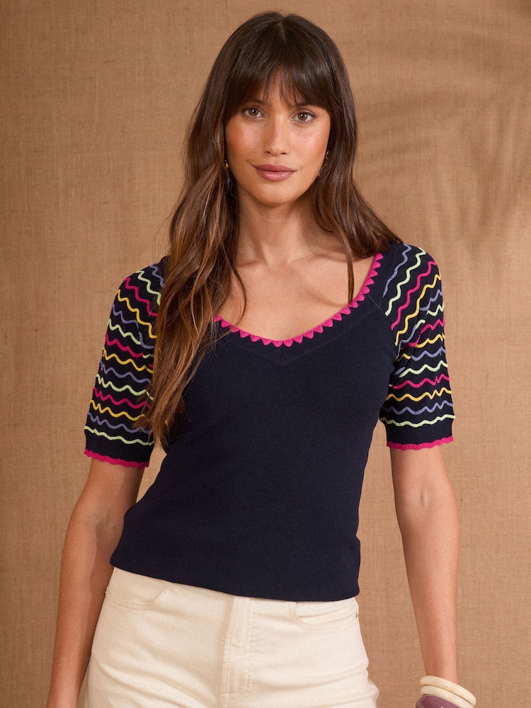 Love & Roses Navy Scallop Knitted top - Image 1 of 1